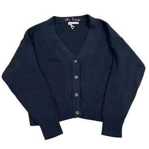 Marine Layer Cardigan Sweater Women Medium Black Cropped Rib Chunky Knit V Neck